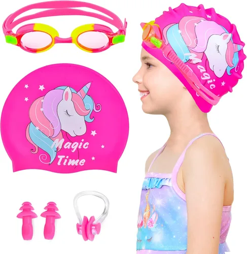 Miniatura 14 de Gorros de natación para niñas (de 2 a 6 años), gorro de natación de silicona impermeable duradero para cabello corto con gafas de natación, tapón