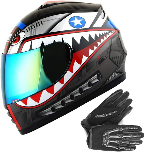 Miniatura 17 de WOW Casco integral para motocicleta, bicicleta urbana BMX MX para niños, color blanco brillante + guante MX con diseño de esqueleto