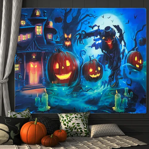 Shoowyees Tapiz de luz negra de Halloween, tapiz nocturno para colgar en la pared, bosque embrujado con tumba y calabazas, manta de pared reactiva a