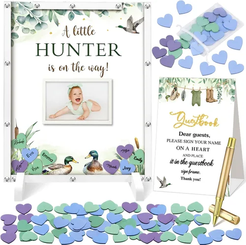 Miniatura 21 de Beeveer 65 piezas de libro de invitados para baby shower, libro de invitados azul para baby shower, libro de invitados con marco de fotos y 60 chips