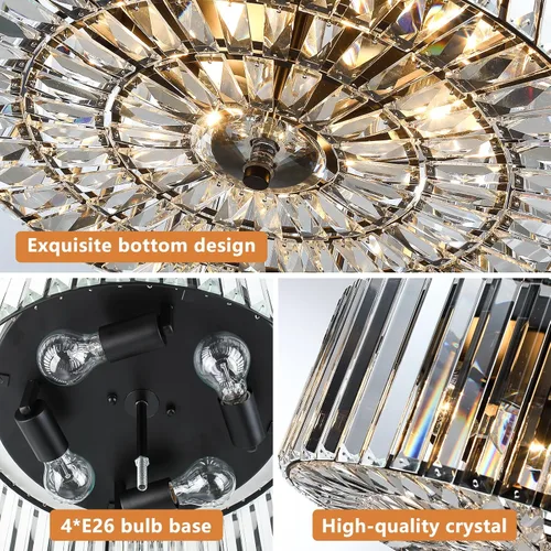 Miniatura 6 de Large Crystal Ceiling Light, 17.5" Black K9 Crystal Flush Mount Ceiling Light, 4-Light Round Luxury Light Fixture for Dining Room, Bedroom, Hotel