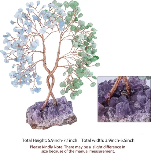 Miniatura 3 de mookaitedecor Árbol de cristal de aventurina verde natural y aguamarina con base de racimo de amatista, árbol del dinero de la vida adorno