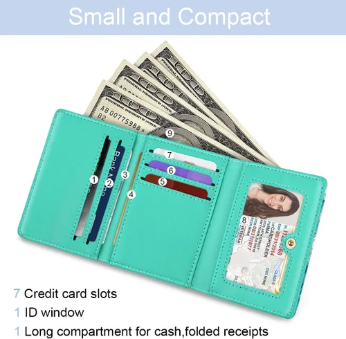 Miniatura 2 de Billetera triple para mujer, pequeña, delgada, con bloqueo RFID, bonito tarjetero de cuero con bolsillo largo para efectivo y llavero, Azul Flores