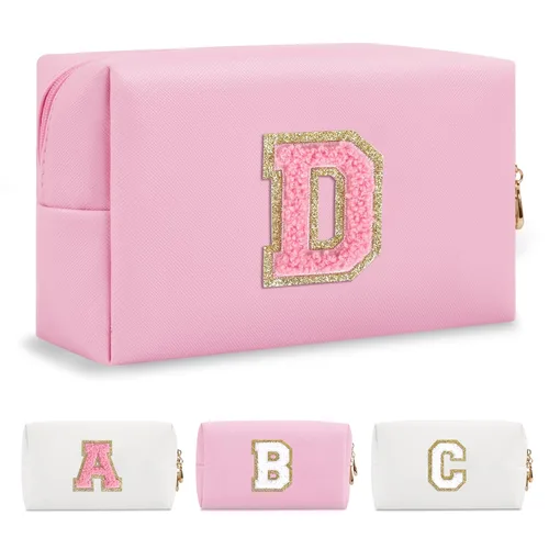 Miniatura 201 de Pequeña bolsa de maquillaje personalizada con inicial A-Z Preppy Patch, bolsa de cosméticos de viaje de felpilla blanca con cremallera, bonita bolsa