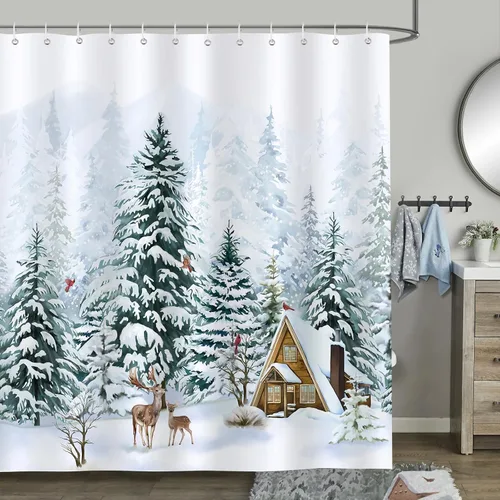 Cortina de ducha navideña de invierno de Bonhause, cortina de baño impermeable de tela de poliéster con diseño de árbol de pino, ciervo y cardenal