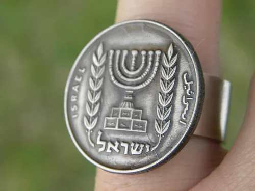 Miniatura 4 de Jewish men women signet ring authentic Israel Menorah 1/2 Lira coin sterling silver band nice gift Hanukkah Bar & Bat Mitzvah
