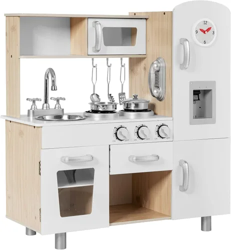 Miniatura 10 de HONEY JOY Juego de cocina para niños, cocina de madera de pequeño chef de simulación con pizarra, gran gabinete de almacenamiento, estufa, grifo
