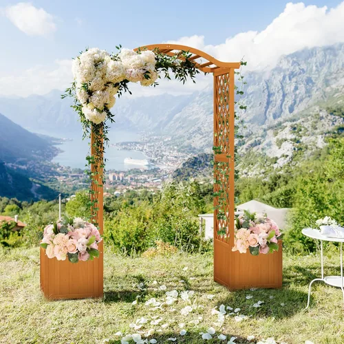 Miniatura 3 de Giantex Pérgola de Jardín con Maceta, Arco de Plantador de Madera con Enrejado, Arco Exterior para Plantas Trepadoras, Vegetales, Hierbas, Blanco