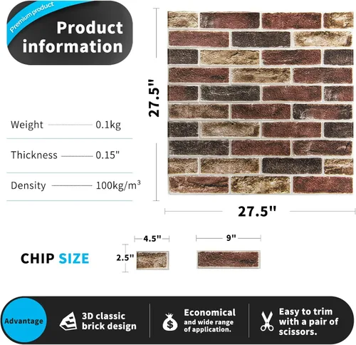 Miniatura 7 de Art3d Paquete de 10 - 52.5 pies cuadrados Paneles de pared 3D de ladrillo falso para despegar y pegar en marrón rojizo, papel tapiz de espuma