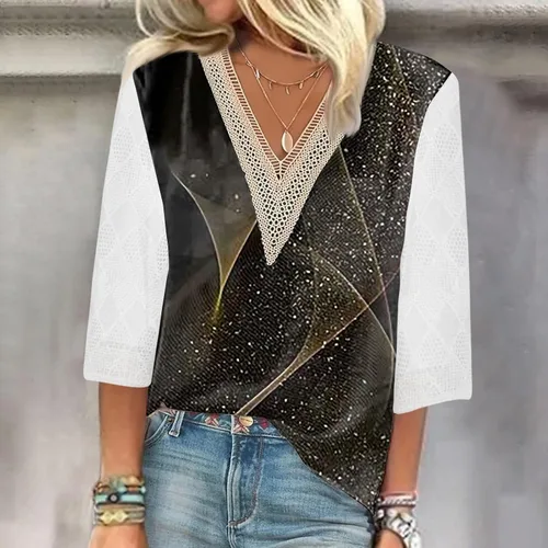Miniatura 2 de Ladies Blouses and Tops 34 Sleeve 2024,Spring Trendy Lace 34 Sleeve Top for Women V Neck Shirts Print Lace Casual Loose
