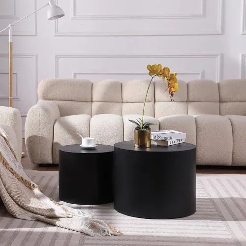 Miniatura 4 de WILLIAMSPACE Juego de 2 mesas auxiliares anidadas, redondas de madera negra para espacios pequeños, sala de estar, dormitorio, mesa auxiliar