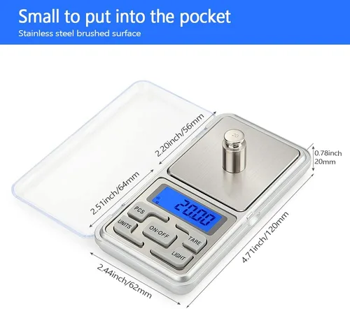 Miniatura 6 de Báscula de bolsillo digital portátil de 2 piezas, 17.64 oz de capacidad, 0.00 oz de precisión, báscula electrónica de joyería para alimentos