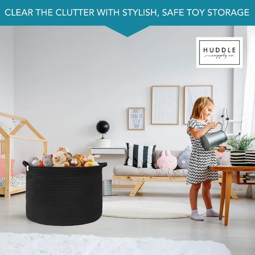 Miniatura 9 de XXXXL LAVABLE Cesta Grande Negra para Mantas Cesta para Sala de Estar 2 Piezas Cestas de Juguetes Almacenamiento Niños de Cuerda Tejida XXX Cesta