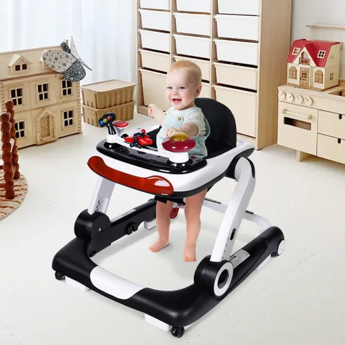 Miniatura 5 de Kinder King Andador para bebés con música y luces, 5 en 1 caminante de actividad para bebés con rueda, altura y asiento ajustables, asiento de Negro