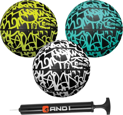 AND1 Paquete de 3 mini baloncesto, goma texturizada de alta calidad, guijarros de alto agarre, estampados de grafiti vibrantes, desinflado con bomba