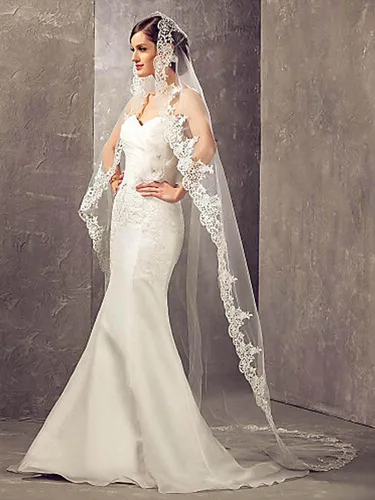 Miniatura 3 de Unsutuo Catedral velo de novia de 1 nivel, apliques de encaje, velo de novia, velo largo de tul con peine para mujeres y novias, Blanco