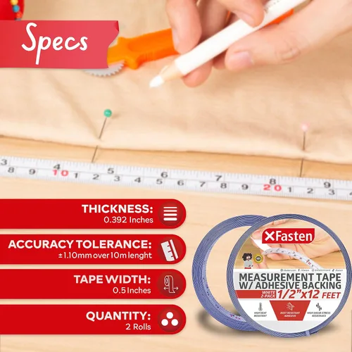 Miniatura 2 de XFasten Cinta métrica con parte trasera adhesiva, 0.5 pulgadas x 12 pies (paquete de 2) Cinta métrica de izquierda a derecha para banco de trabajo