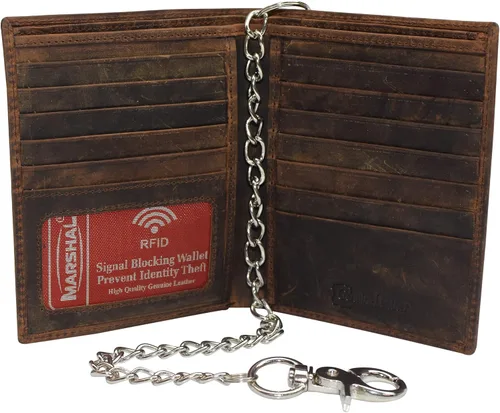 Cartera de piel de cordero de primera calidad con bloqueo RFID (marrón vintage con cadena)