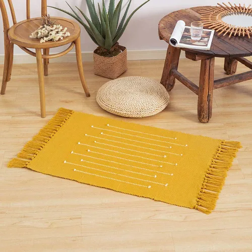 Miniatura 2 de Alfombra bohemia geométrica mostaza, 2 x 3 pies, color amarillo, lavable a máquina, antideslizante, pelo bajo, algodón tejido a mano