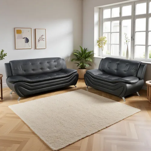 Miniatura 24 de Sofás Seccionales de Cuero, Conjuntos de Muebles de Sala de Estar, 3 Piezas Conjunto de Sofá Moderno para Sala de Blanco crema