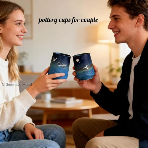 Miniatura 4 de Pottery Couple - Juego de 2 tazas de café – Esmalte mate azul degradado con diseño de grúa y ciervo, tazas de café hechas a mano para decoración