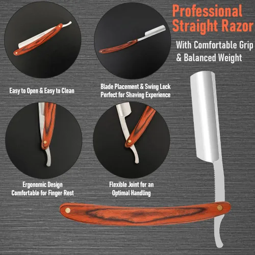 Miniatura 6 de Navaja de afeitar recta con estropajo - Afeitadora profesional de borde recto de acero inoxidable premium para barbero con estropajo para aseo
