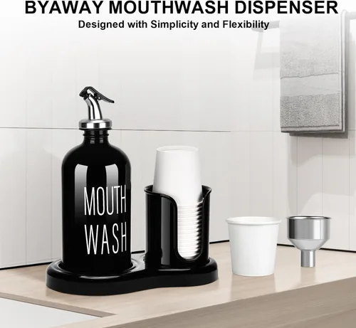 Miniatura 4 de Dispensador de Enjuague Bucal de Vidrio con Portavasos, BYAWAY Juego de Enjuague Bucal para Baño, Contenedor de Botella de Enjuague Bucal Recargable
