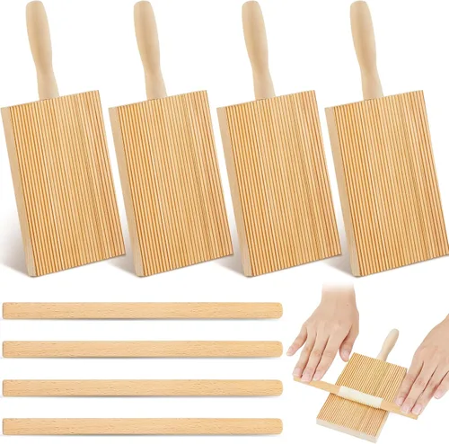Tessco - Juego de 4 tablas de ñoquis de madera para pasta, madera de haya de 8.46 pulgadas con 4 piezas de rodillo, paleta de ñoquis, herramientas