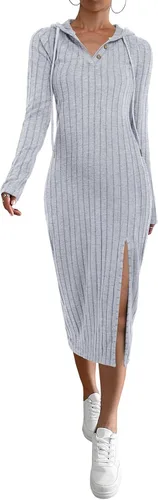 Fisoew Vestido tipo suéter de manga larga con capucha para mujer, cuello en V, con botones, con cordón y abertura lateral, vestido midi ajustado