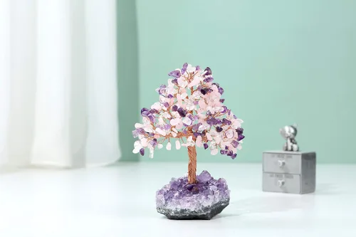 Miniatura 2 de Jovivi - Árbol de dinero de cristal curativo de amatista natural + cuarzo transparente + cuarzo rosa en base de geoda de druzy de amatista, Cuarzo