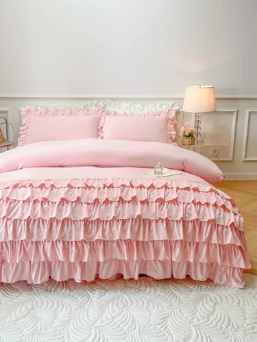 Miniatura 4 de MOOWOO Ropa de cama para niñas – Funda de edredón con volantes en cascada – 2 piezas Shabby Chic Color sólido suave y transpirable con cierre de Rosa