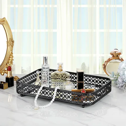 Miniatura 4 de ELLDOO - Bandeja negra para perfumes y maquillaje, bandeja de joyería con talla hueca, organizador de vidrio y metal para baratijas para cómoda