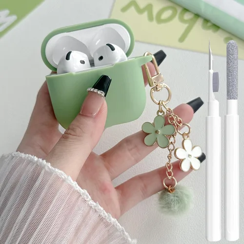 Miniatura 25 de Bonita funda negra para Airpods de 2ª/1ª generación para niñas y mujeres, con llavero de pompón de flores y kit de limpieza, funda protectora tipo