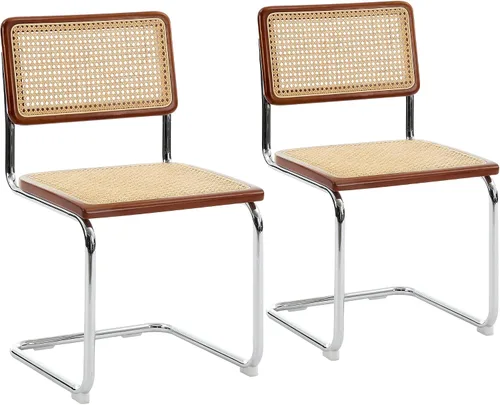 Miniatura 13 de Flouki Juego de 4 sillas de comedor de ratán, sillas decorativas bohemias para cocina con malla de caña natural, diseño voladizo de mediados
