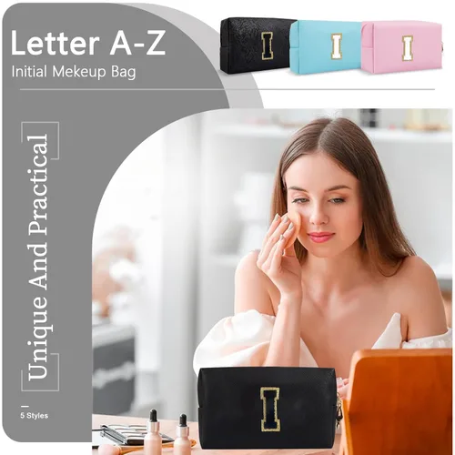Miniatura 7 de Bolsa de maquillaje personalizada con inicial A-Z, bolsa de cosméticos pequeña de PU con parche preppy y letra de chenilla con cierre para niñas