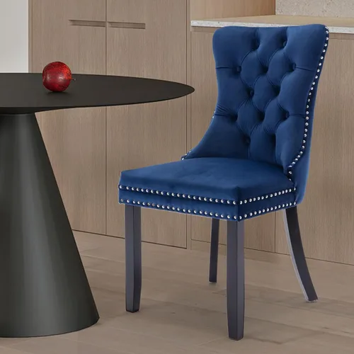 Miniatura 5 de Juego de 6 sillas de comedor tapizadas de terciopelo, sillas laterales de cocina de estilo moderno con ribete de cabeza de clavo y patas de madera