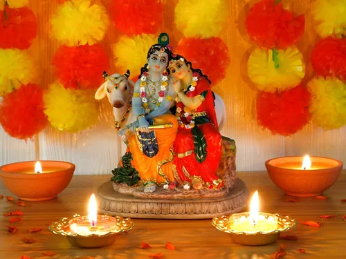 Miniatura 7 de BangBangDa Estatua hindú Murti Radha Krishna – 6.6 pulgadas de alto Polystone Dios indio Radha Krishna ídolo con vaca para cumpleaños, Diwali