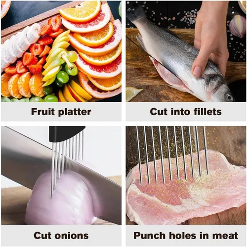 Miniatura 6 de Soporte de corte de cebolla de acero inoxidable, nuevo cortador de tomate 2025, cortador de verduras multiusos para la cocina, herramienta duradera