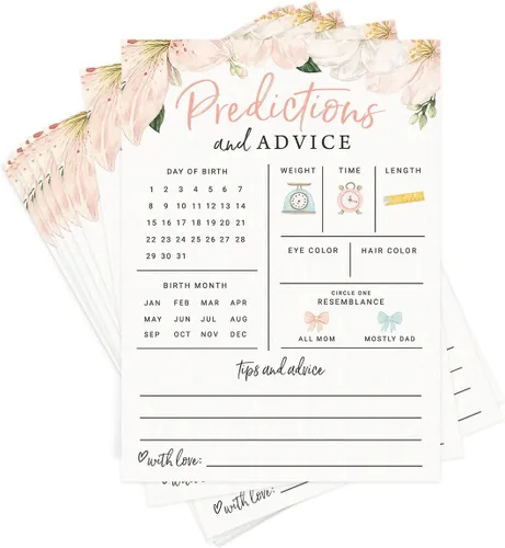 Miniatura 10 de Tarjetas de predicciones y consejos de baby shower de Printed Party – Diseño de lazo rosa, divertido juego de baby shower para invitados, actividad