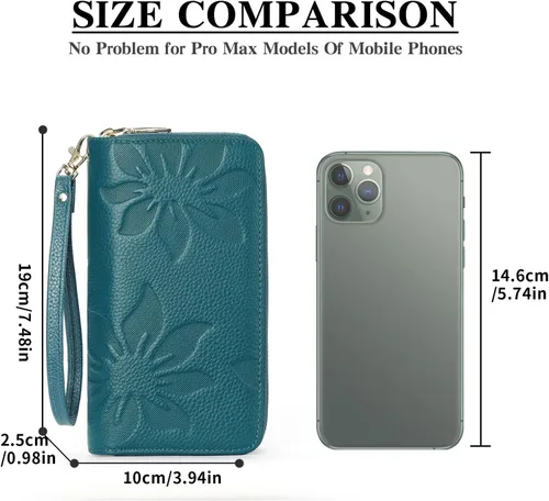Miniatura 7 de GOIACII Cartera de mujer de gran capacidad con doble cremallera para mujer, soporte para teléfono con bloqueo RFID, correa de cuero, A02 Verde