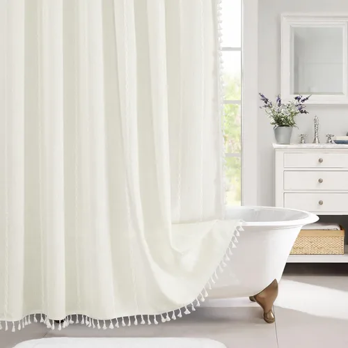 Miniatura 9 de MitoVilla - Juego de cortina de ducha de tela de granja gris, cortinas de ducha de poliéster y lino modernas estilo bohemio para decoración de baño