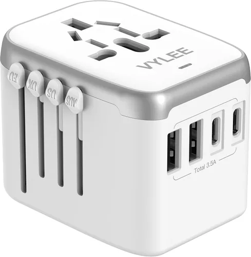 Miniatura 10 de VYLEE - Adaptador de viaje universal, adaptador de corriente internacional 5 en 1, cargador de pared 3.5A 2xUSB-A y 2 USB C, enchufe esencial