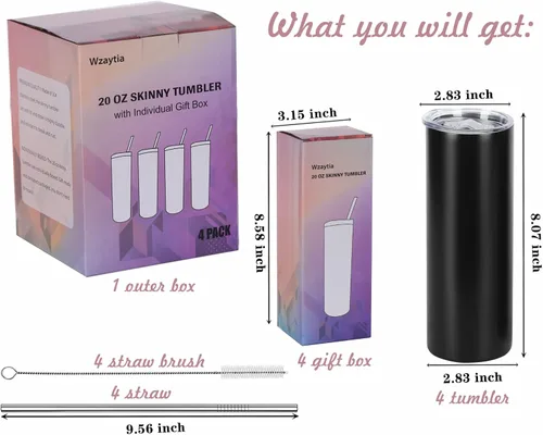 Miniatura 2 de Paquete de 4 vasos delgados de 20 onzas, juego de vasos delgados de acero inoxidable en caja de regalo individual, 20 onzas de capacidad, vaso