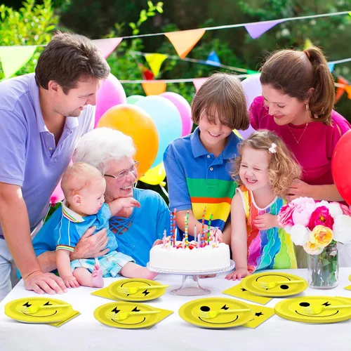 Miniatura 5 de 96 piezas de platos y servilletas de papel con cara sonriente amarilla, suministros de fiesta de cumpleaños para 24 invitados, juego de vajilla
