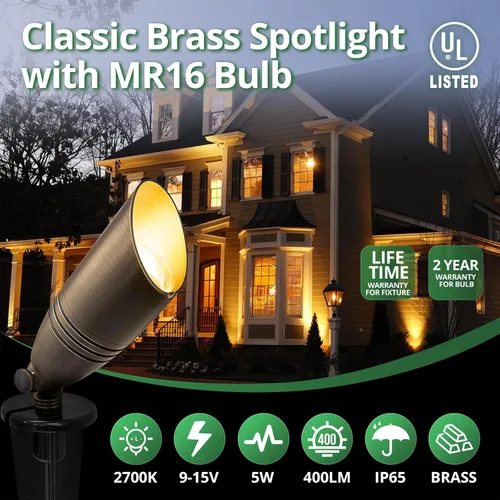 Miniatura 2 de GKOLED Foco de paisaje de latón macizo con certificación UL, luz vertical direccional de bajo voltaje para exteriores, con bombilla LED MR16 de 5 W