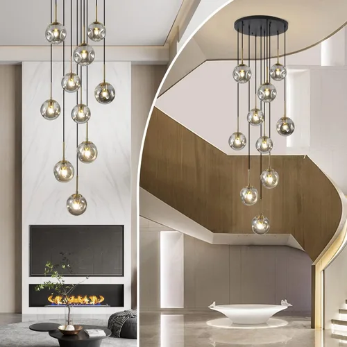 BOKT Lámpara colgante vintage en racimo negro dorado 10 luces globo de vidrio escalera lámpara gris ahumado moderno gran lámpara colgante ajustable