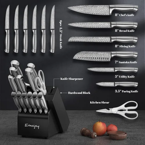 Miniatura 2 de Juego de Cuchillos, Emojoy 15 Piezas Juego de Bloque de Cuchillos de Cocina con Afilador Integrado, Juego de Bloque de Cuchillos Afilados de Acero