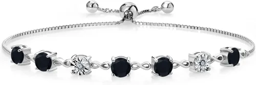 Gem Stone King Pulsera de plata de ley 925 redonda de ónix negro y diamantes blancos cultivados en laboratorio para mujer (2.39 quilates, piedra
