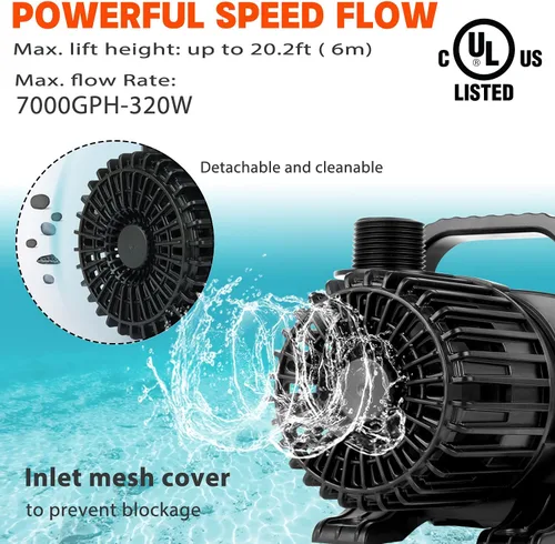 Miniatura 2 de WaterRebirth (7000GPH-320W, UL listado) Fuente grande Sumergible Estanque de agua Sumergible Bomba de sumidero de acuario Bomba de cascada eléctrica