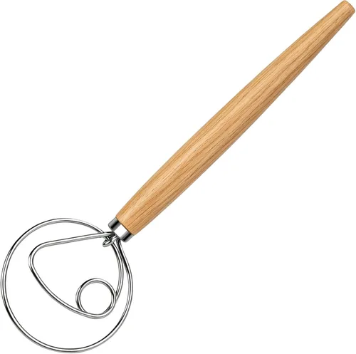 Miniatura 10 de Maxjoy Batidor de masa danesa para hornear pan de masa madre, gancho de acero inoxidable con mango de madera Batidor de masa de 2 ojos